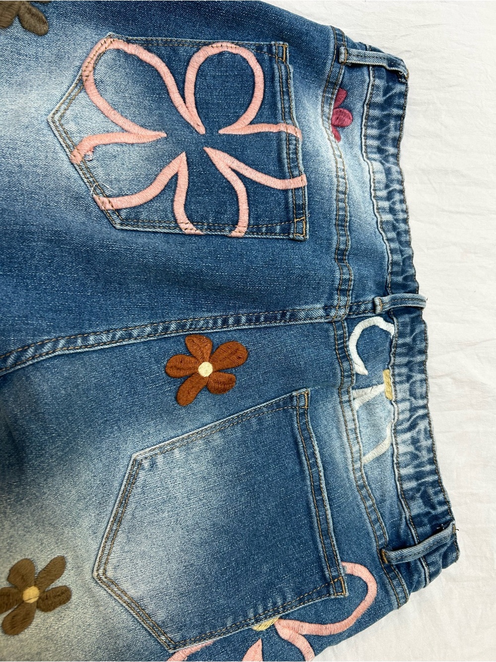 Blue Floral Embroidered Flare Jeans - Women's Wide Leg - Picture 5 of 8